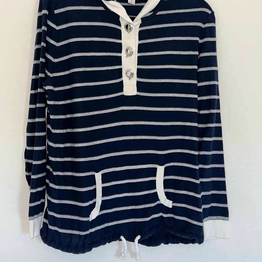 Nautica Navy and White Striped V-Neck Sweater